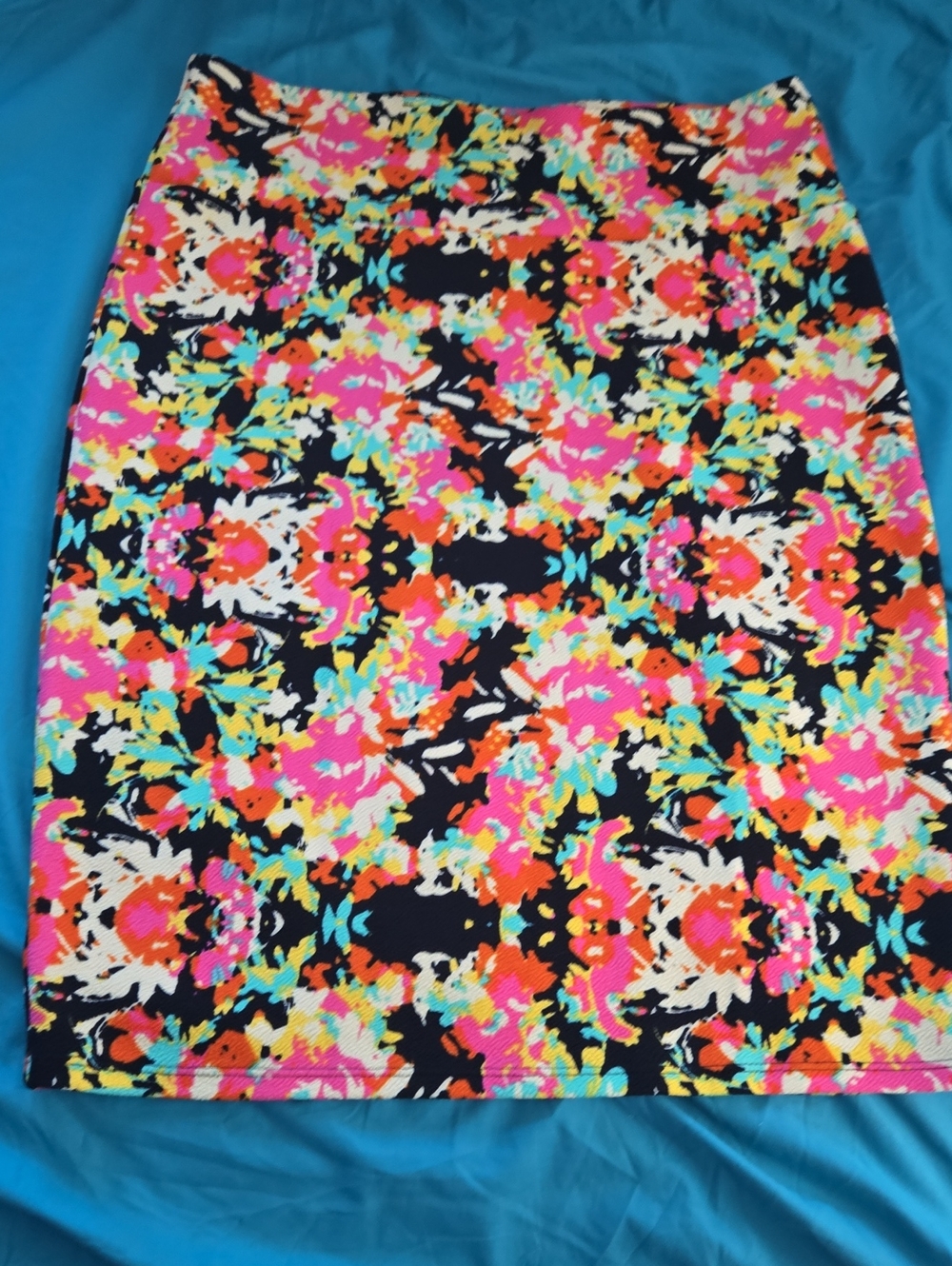 LuLaRoe Black Neon Floral Pencil Skirt with Pink & Turquoise Accents